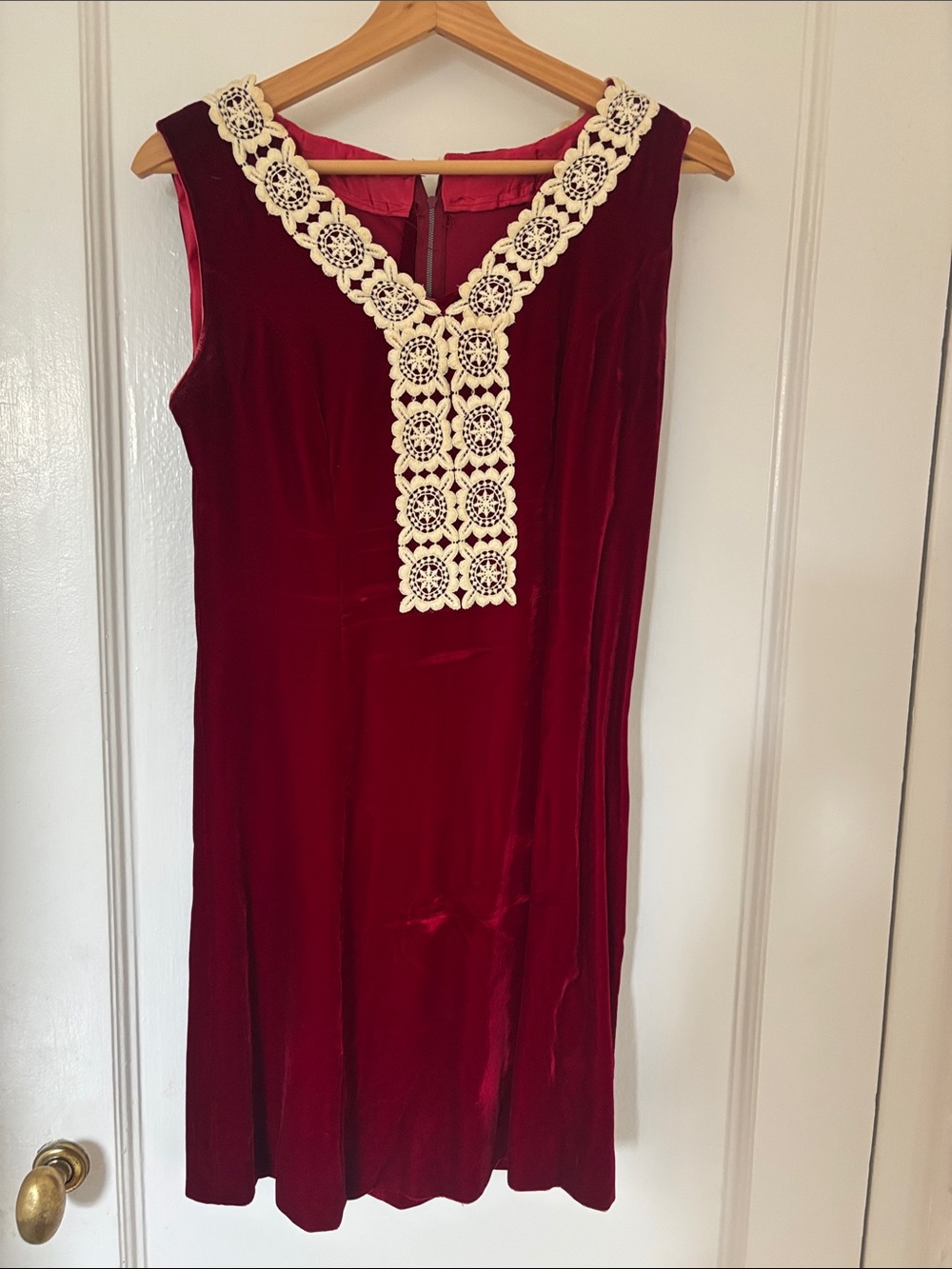 Vintage Sleeveless Velvet Chemise with Crochet Trim - Wine
